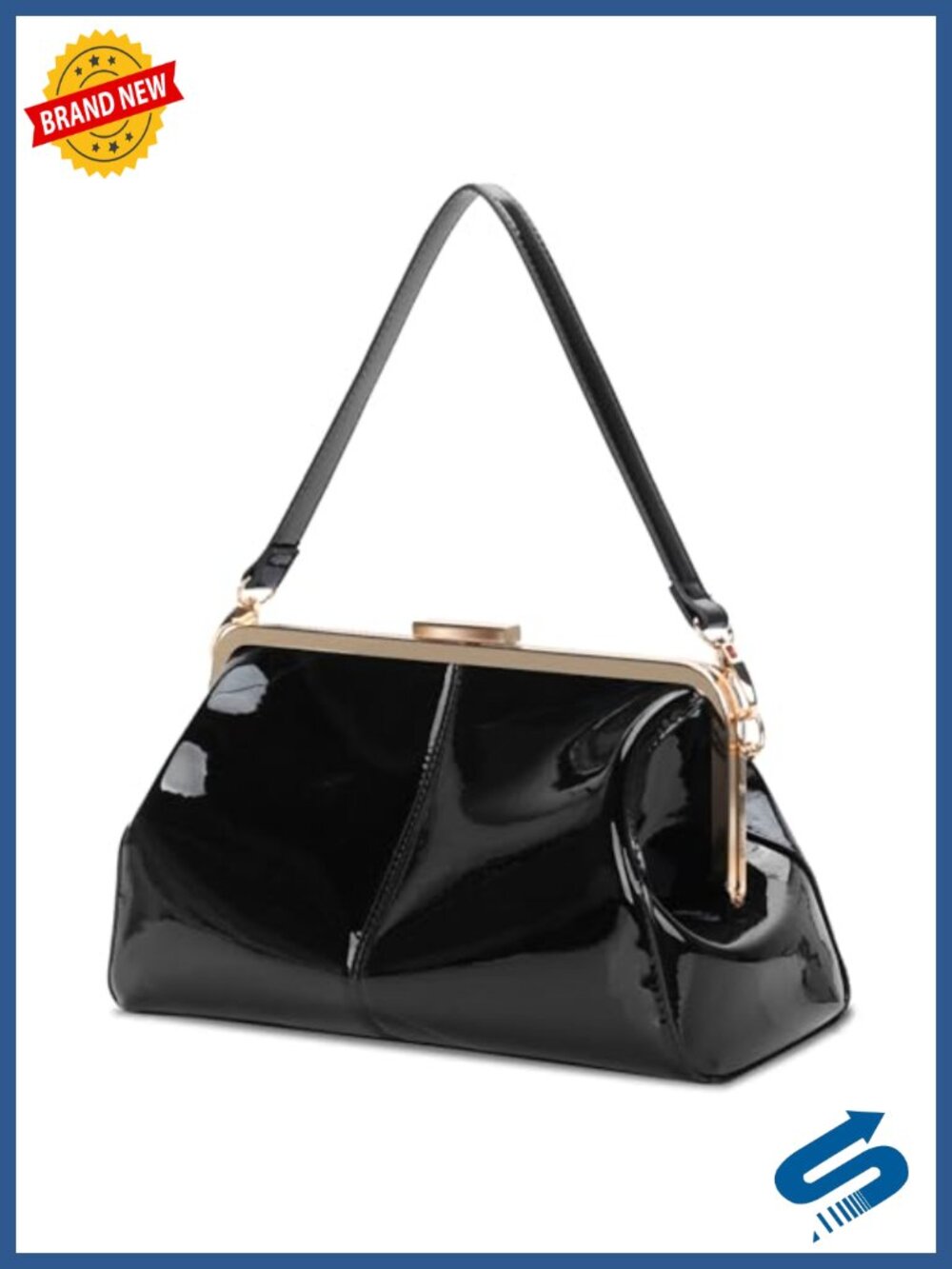 Vintage Faux Patent Leather Kiss Lock Evening Clutch Crossbody Bag
